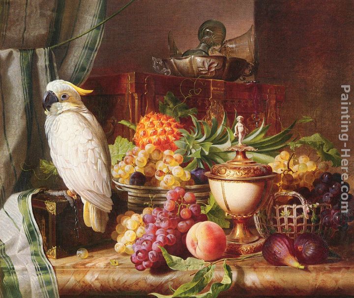 Josef Schuster Still Life With Fruit and a Cockatoo
